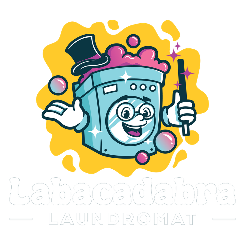 Labacadabra mascot — a friendly washing machine character with a magic wand