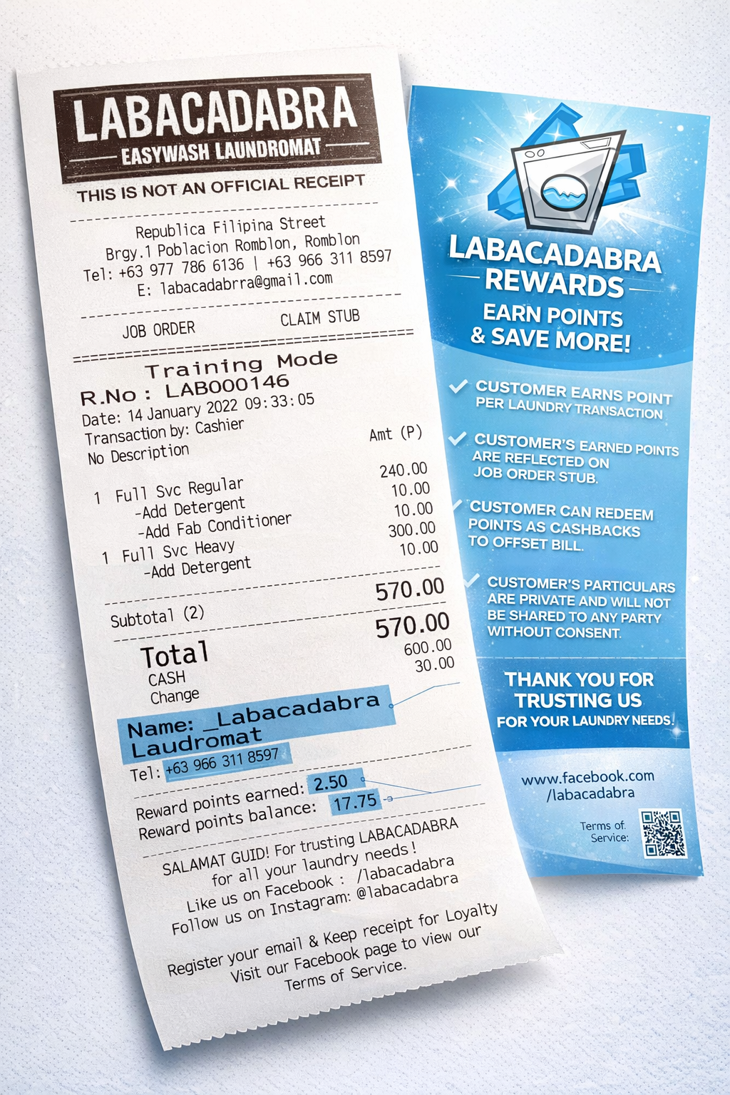 Labacadabra customer receipt showing rewards balance